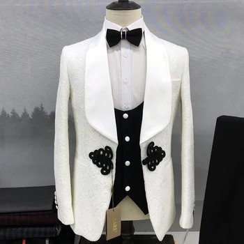 2023 Najnoviji Dizajn Muških Odijela Moda Satin Šal S Lapels Žakard Kvalitetne Vjenčanje Odijela od 3 Komada za Muškarce sportska jakna Prsluk, Hlače