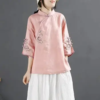 2023 Novi Kineski Stil Retro Pamučna I Lanena Košulja Ženska Proljeće I Ljeto Kineski Stil Stojeći Ovratnik Top Na Zakopčane Kose