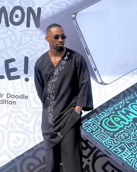 Afrička muški komplet modni crni kaftan 2024, Novi stil, 2 kom. u 1 paketu, muške casual odjeća s vezom