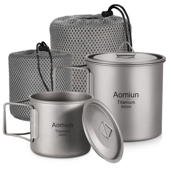 Aomiun Ultralight Titanium Cup, prijenosni komplet od 2 predmeta, 350 ml, 650 ml, Čaša za vodu za kampiranje i prostor za piknik, Bubalo sa sklopivim drškom