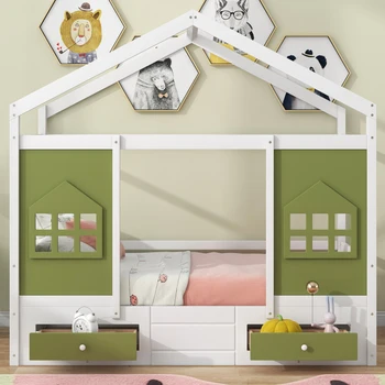 Bračni krevet Wood House s 2 ladice i prozora dekor, moderan, dopadljiv dizajn, dječji krevet, krevet za jednu osobu
