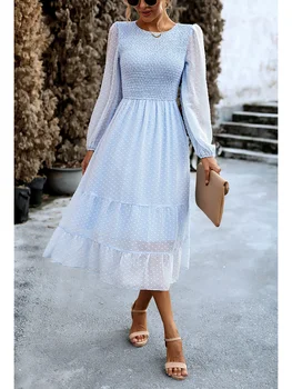 Donje jesensko-zimsko monotone duga haljina Midi, Elegantan svakodnevni ulični odjeća, modni Uredski Ženski pulover dugih rukava i okruglog izreza, haljina 2023