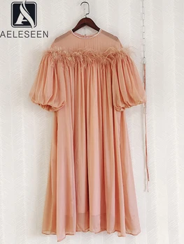 Donje Slobodno mini haljinu AELESEEN, dizajn moderan haljinu sa zelenim rukavima i biserima, Однотонный pink Bijeli pojas, smještaj za svakodnevno haljina