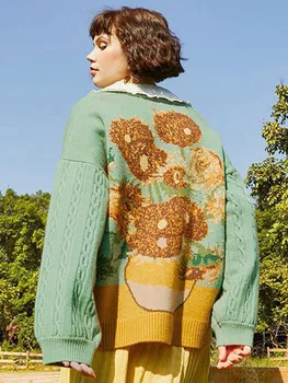 Estetski džemper-cardigan, pletene s подсолнухом u stilu Van Gogh, Šik cardigan za žene i muškarce, jesenje svakodnevne vrhovima slobodnog rezanja s cvjetnim ispis