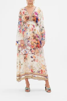 EVACANDIS Donje haljina Midi s V-izrez i cvjetnim ispis od 100% prirodnih svile, seksi elegantan винтажное богемное luksuzno slatka haljina s dijamantima