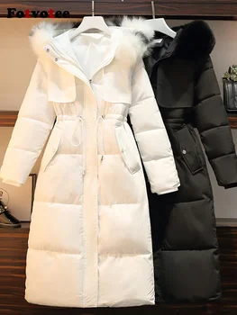 Fotvotee Zimski Kaput Donje Kaput s Kapuljačom Korejski Moda Krzna Ovratnik Vintage Ulični Ženska Odjeća Svakodnevne Elegantne Duge Parkovi