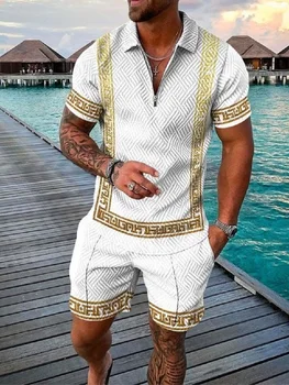Godišnji muški komplet polo majica na pruge s 3D ispis, muški sportski odijelo na pruge, polo majice, kratke hlače, casual košulja na munje iz 2 predmeta, modni plaža odjeće