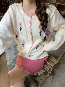 Jesen Slatki ružičasti cvijet, Nježan stil, Pletene ženski kratki kardigan, džemper