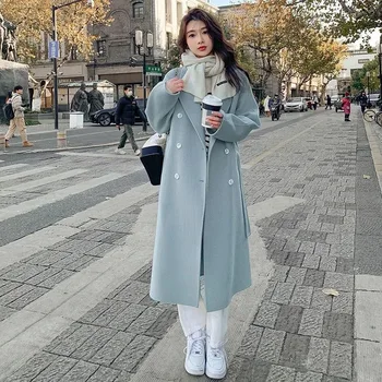 Jesensko-zimsko slobodno modni vune kaput za žene, svakodnevne monotono odjeća s pojasom, elegantan ženski kaput u korejskom stilu, odjeća