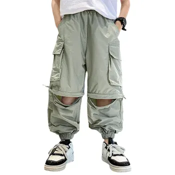 Ljetne hlače za velike dječake, dva načina nošenja, skidaju hlače i kratke hlače na munje, trendi Zelene hlače s džepovima za mlade dužine do ankles