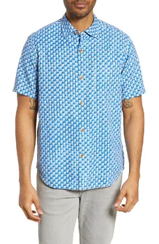 muška odjeća od 100% svile, muška plava geometrijski košulja kratkih rukava i odbačenost ovratnikom, s jednim džep, velike dimenzije, ljetni odmor XL XXL