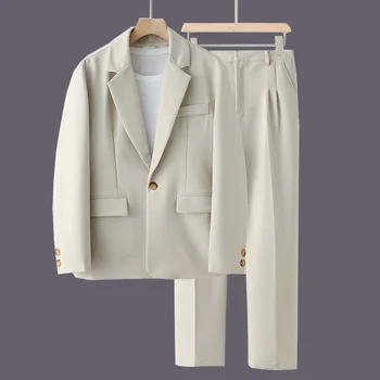 Muške jakne-blazers, Ljetna Korejski moda, Slobodan Proljeće-jesen svakodnevne hlače, Komplet od 2 predmeta, Uredski formalno odijelo