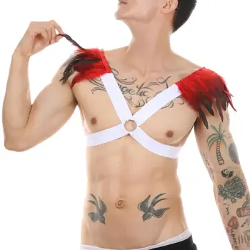 Muške seksi steznik, ukrašen perjem, s metalnom pločicom, šuplje prsluk, kombinezon, majica, karnevalska odjeća za stranke, body