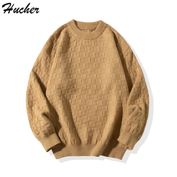 Muški pletene i starinski džemper Huncher, muške zimske tople Casual Kockice kardigan оверсайз, Korejski modni pulover okruglog izreza za muškarce