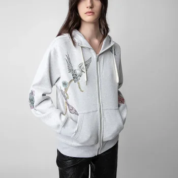 Novi jesensko-zimskom kardigan s kapuljačom, ukrašena šljokicama, Runo jakna zip Za žene