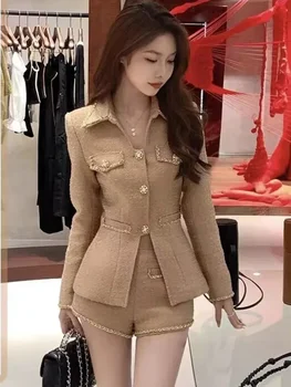 Novi luksuzni visoko kvalitetni set od dva predmeta za žene, Korejski moda, elegantan tanka jakna, kaput + kratke hlače, setove za Jesensko-zimske odjeće