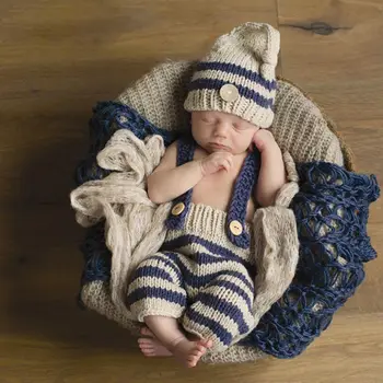 Odijelo novorođenčadi fotografije pletene hlače i kompleti 2 komada kapa prugasta odjeća, odjeća za novorođenčad djevojčice Foto nosač-kuka za