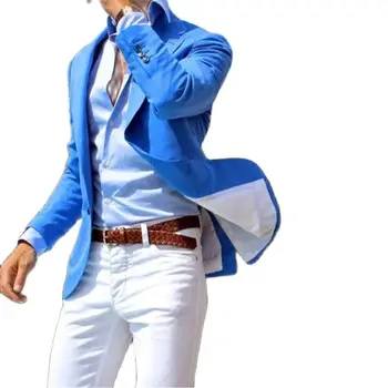 Svakodnevne Muška odijela Plava Jakna + Bijele hlače S urezima Na лацканах, Smoking Na red, Gospodo Vjenčanje Blazers Za mladoženju, Casual odjeća, 2 kom. (Jakna + Hlače)