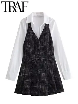 TRAF Y2K 2024, Proljeće ženske haljine u stilu patchwork, ogrtač s odbačenost ovratnik, ženske mini haljine dugih rukava, vanjska odjeća