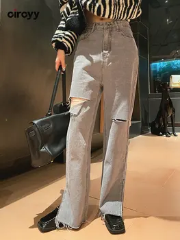 Traperice s okruglim rupama, ženske ravne traper hlače Y2k s visokim strukom, rez i кисточками, nova Korejska moda, slobodna vanjska odjeća, široke hlače