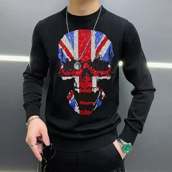 Trendy i casual muški džemper europske dizajner dijamant uzorkom i lubanjom, toplo top XL