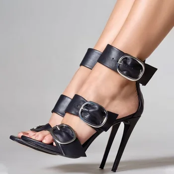 Trendy ženske sandale s remenom i kopčom, crne kožne cipele šuplje kockice, večernje modeliranje par ukosnica s otvorenim vrhom, izravna dostava