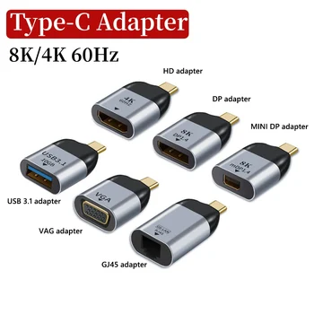 USB C U DP/ Mini DP/VGA/RJ45/HDMI kompatibilan USB Adapter Type C 8K/4K/1080P Video 1000 Mbit/s Ethernet Lan Konverter za Macbook
