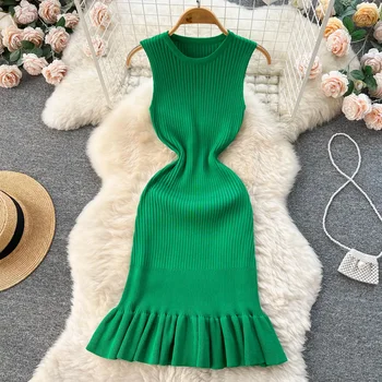 Zelena jesensko-zimske pletene džemper, ženska odjeća, donje haljina