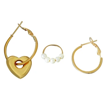 Zlatni set naušnica-prstena s biserima za žene i djevojčice, vintage naušnice-srca s жемчужными kamenčićima, trend nakit pribor