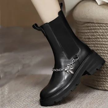 Čizme s metalnim lancem, Crna elastična traka, Zapatos Para Mujeres, Kožne ženske čizme Bota Feminina, Ženska obuća, s oštrim vrhom, Zimski