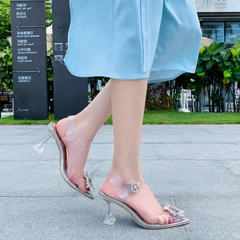 Ženske sandale LAND LEOPARD 2023, prozirni modni nevjerojatan papuče sa dijamant-kopča i šljokicama na pete 7 cm automobil wz
